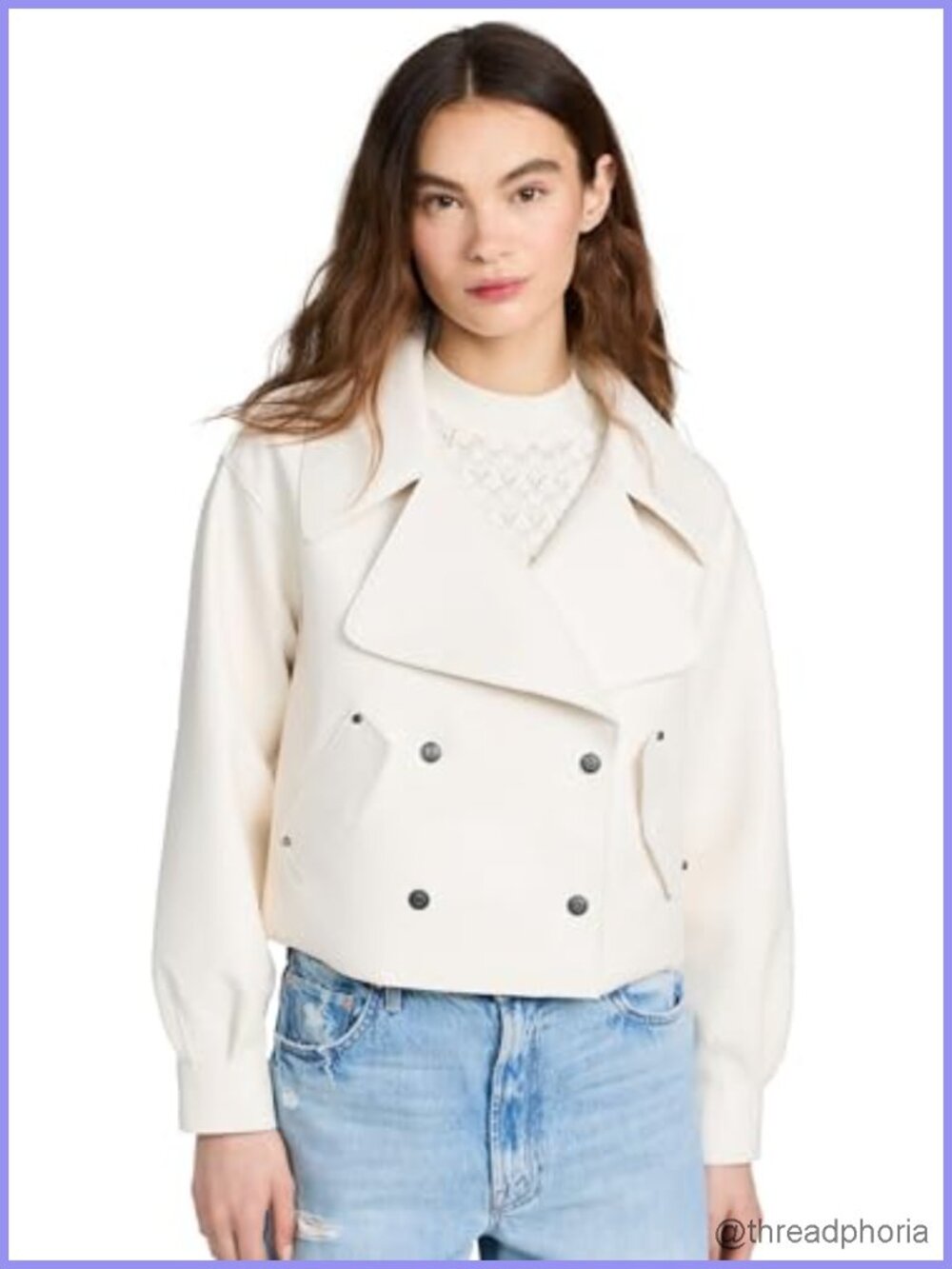 Vegan Faux Leather Double Breasted Jacket with Puff Sleeves